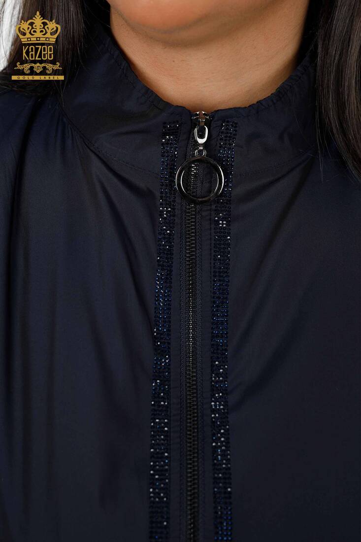 Women's Raincoat Striped Stone Embroidered Navy Blue - 7573 | KAZEE