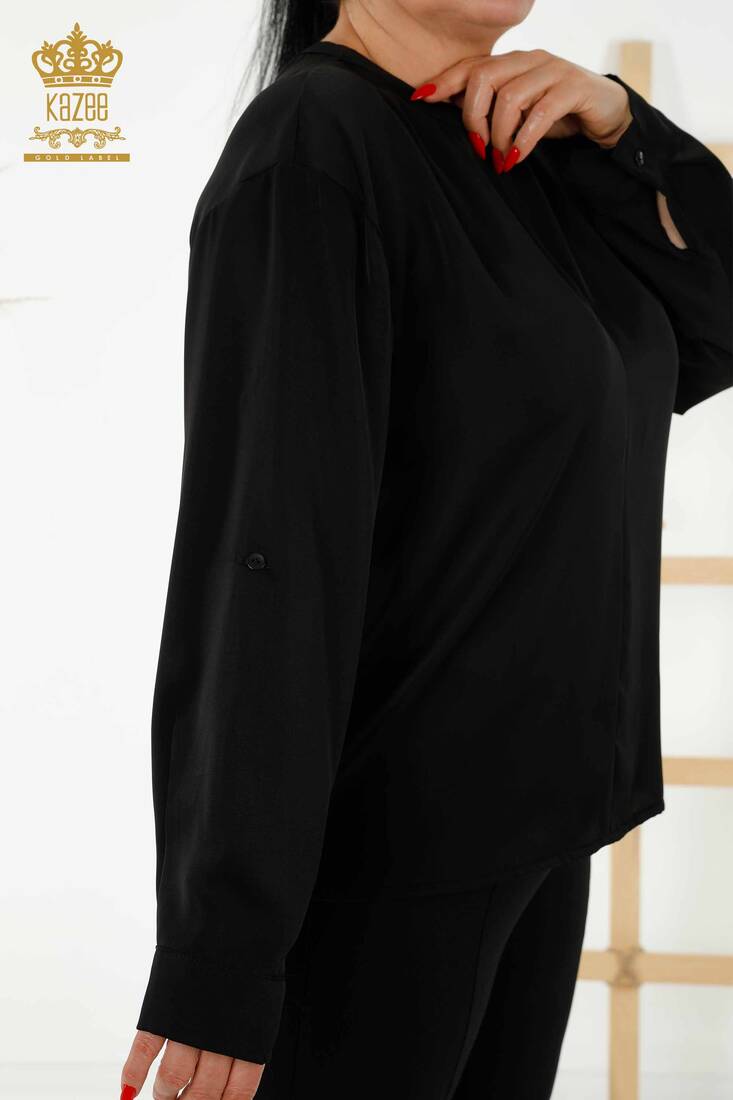 Women's Shirt with Sleeve Detailed Black - 20376 | KAZEE