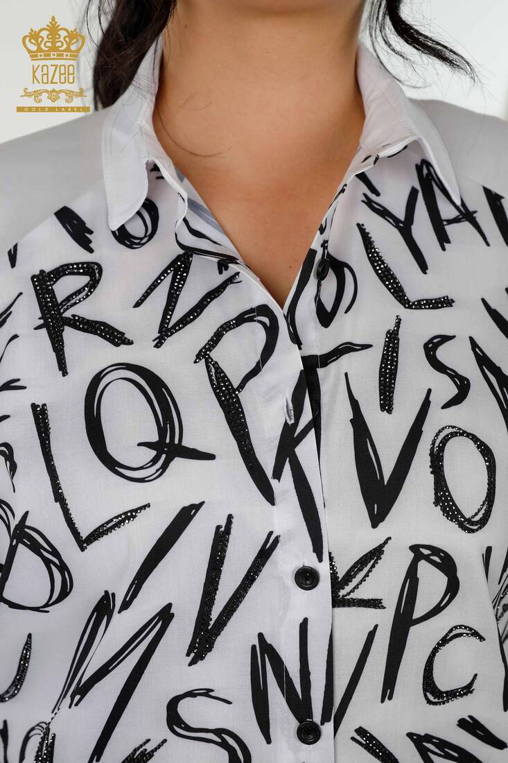 Women's Shirt Stone Embroidered White - 20088 | KAZEE