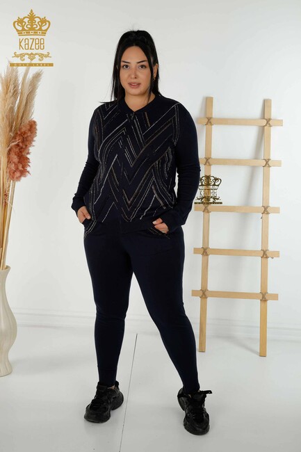 Women's Tracksuit Set Stone Embroidered Navy Blue - 16676 | KAZEE - Thumbnail