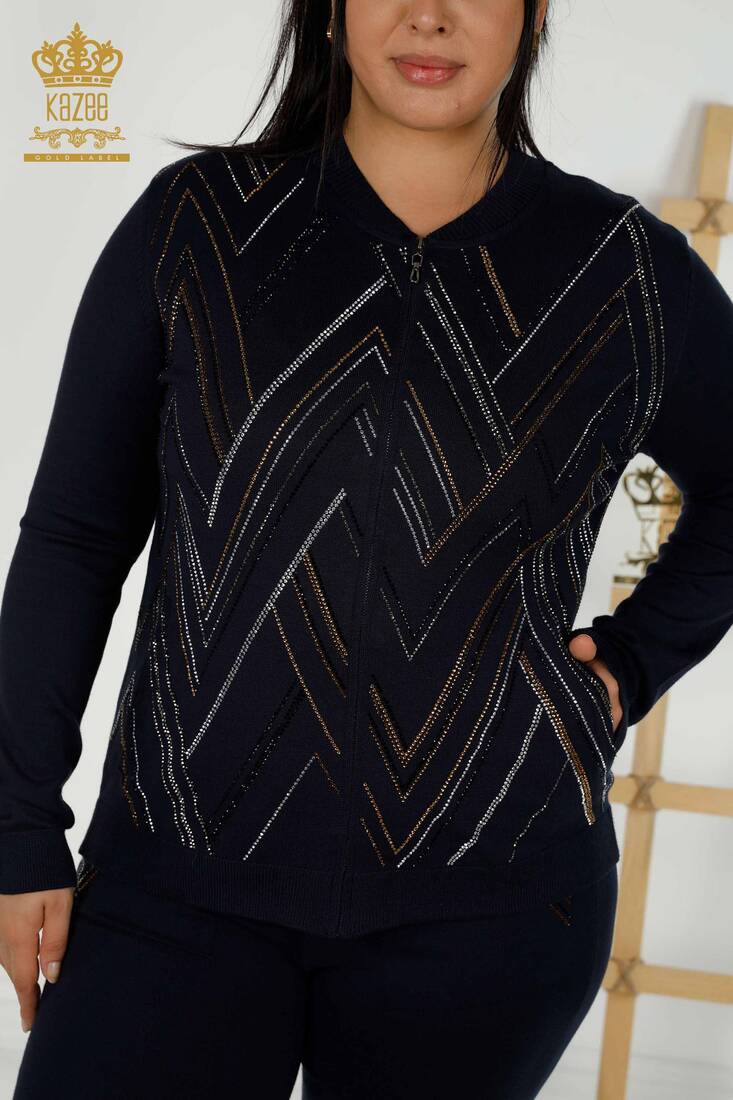 Women's Tracksuit Set Stone Embroidered Navy Blue - 16676 | KAZEE