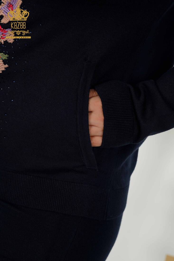 Women's Tracksuit Set Navy Blue With Floral Embroidery - 16658 | KAZEE