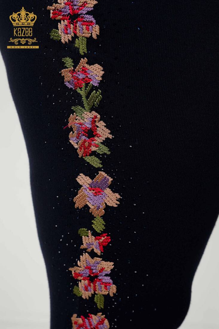 Women's Tracksuit Set Navy Blue With Floral Embroidery - 16658 | KAZEE