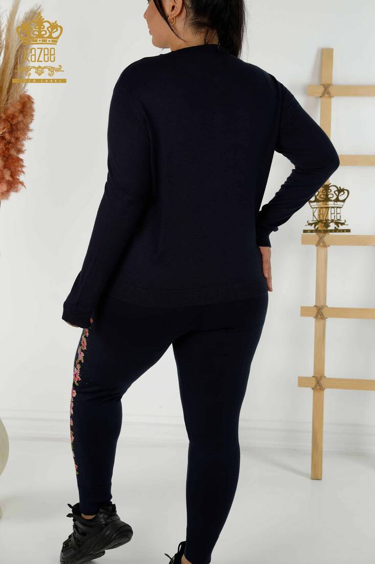 Women's Tracksuit Set Navy Blue With Floral Embroidery - 16658 | KAZEE