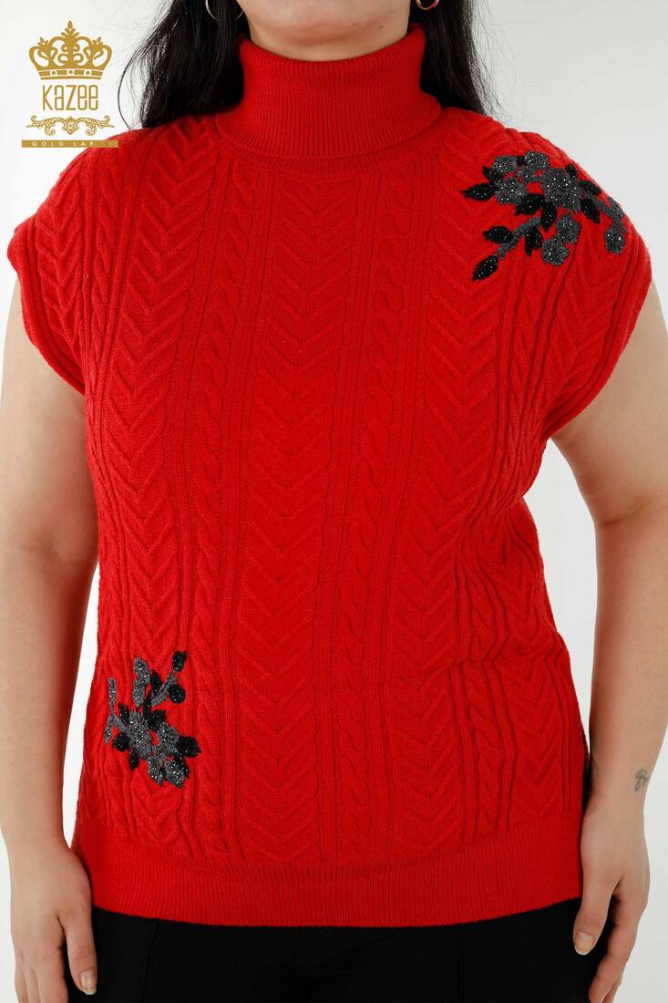 Women's Sweater Stone Embroidered Red - 30179 | KAZEE