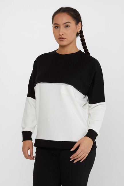 Women's Sweatshirt Pocket Detail Stoned Black-Ecru - 2311 | KAZEE - Thumbnail
