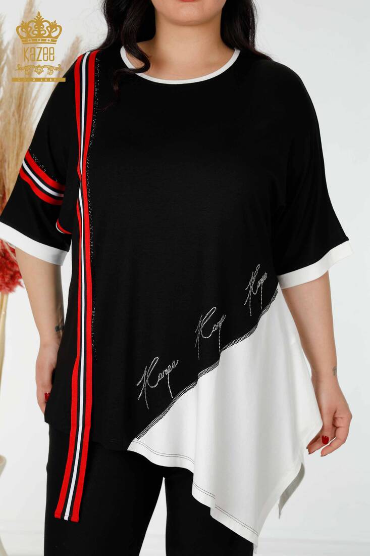 Women's Tunic Stone Embroidered Black-Ecru - 77730 | KAZEE