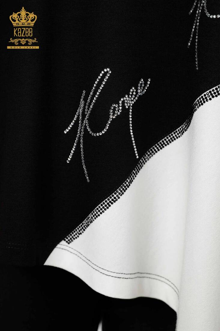 Women's Tunic Stone Embroidered Black-Ecru - 77730 | KAZEE