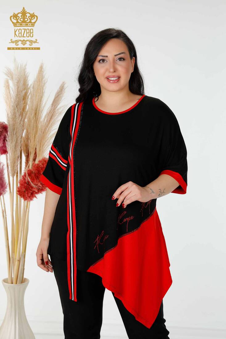Women's Tunic Stone Embroidered Black-Red - 77730 | KAZEE
