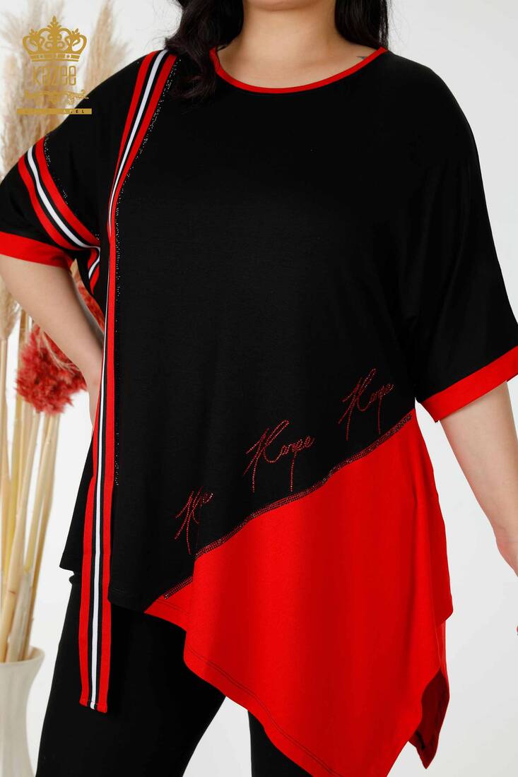 Women's Tunic Stone Embroidered Black-Red - 77730 | KAZEE
