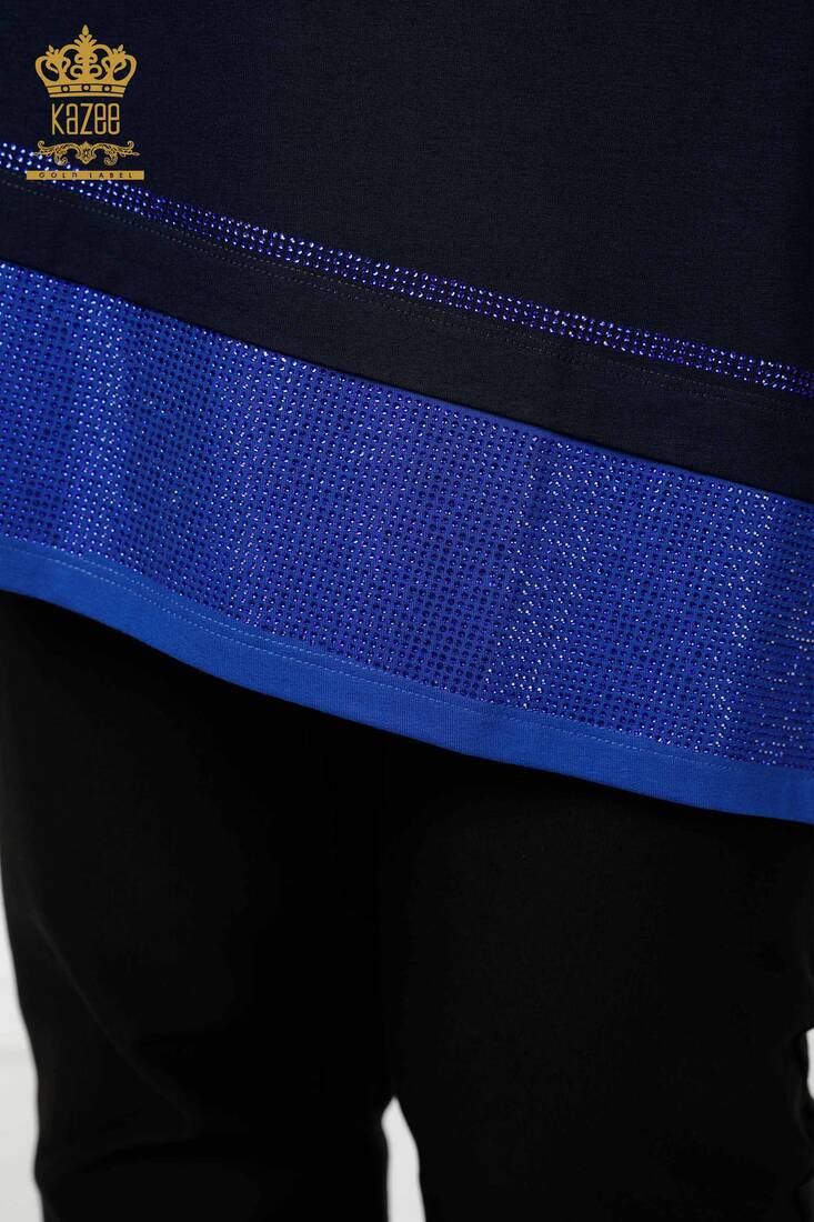 Women's Tunic Stone Embroidered Navy Blue - 77721 | KAZEE