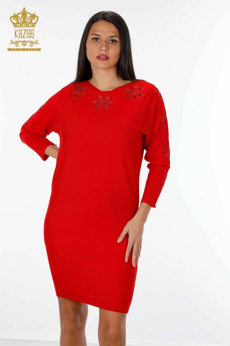 Women's Tunic Stone Embroidered Red - 14708 | KAZEE