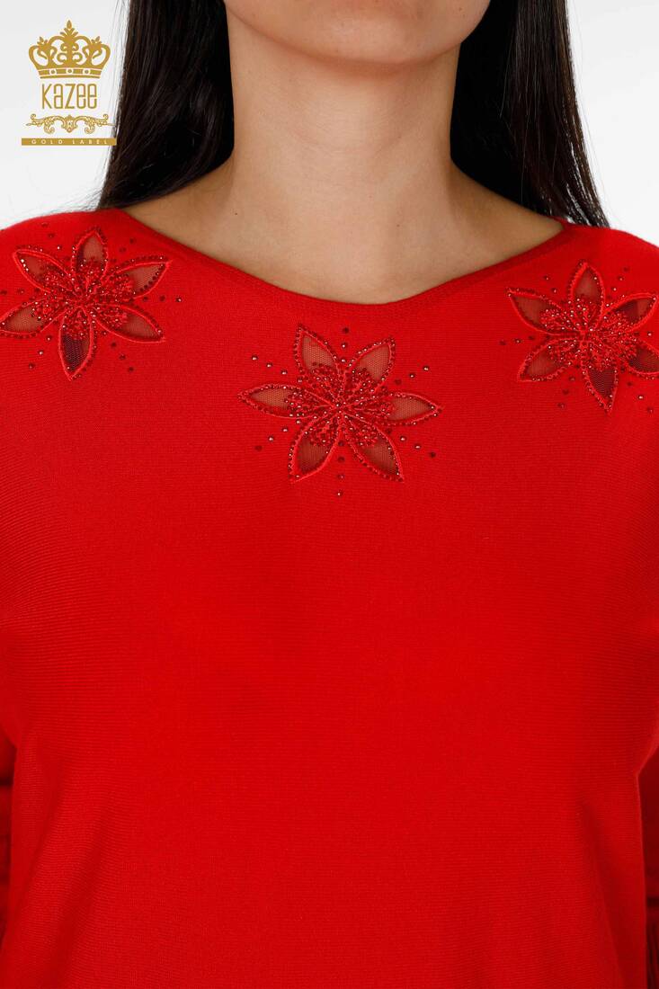 Women's Tunic Stone Embroidered Red - 14708 | KAZEE