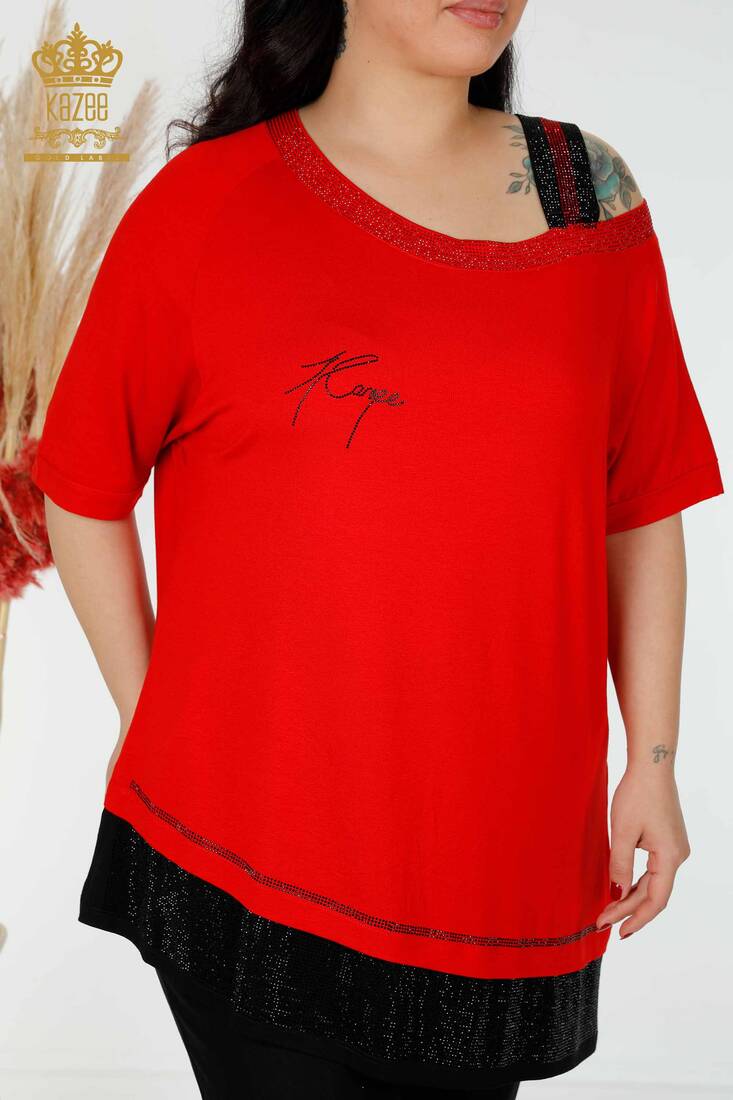 Women's Tunic Stone Embroidered Red - 77721 | KAZEE