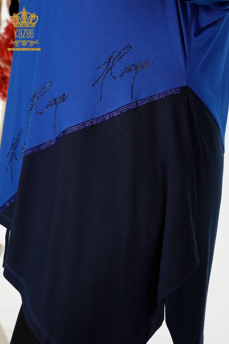 Women's Tunic Stone Embroidered Sax-Navy Blue - 77730 | KAZEE