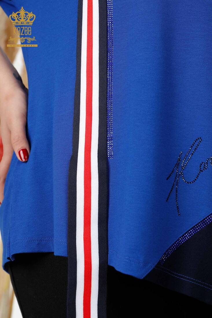 Women's Tunic Stone Embroidered Sax-Navy Blue - 77730 | KAZEE