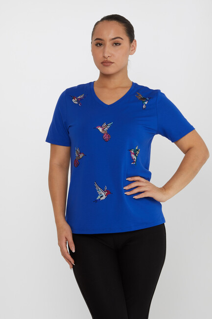 Women's Blouse Bird Stone Detailed V-Neck Saxe - 80111 | KAZEE - Thumbnail