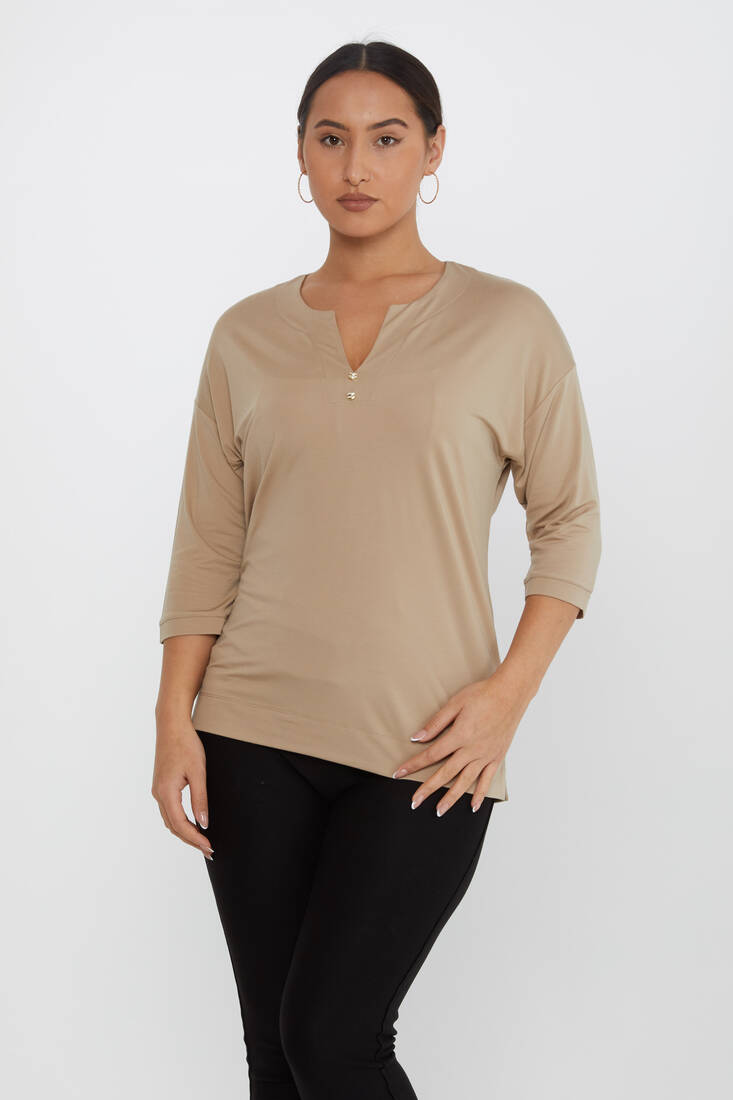 Women's Blouse Collar Detailed Stone Beige - 80029 | KAZEE