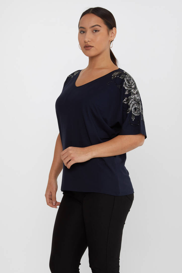 Women's Blouse Flower Stone Detail Short Sleeve Navy Blue - 80101 | KAZEE
