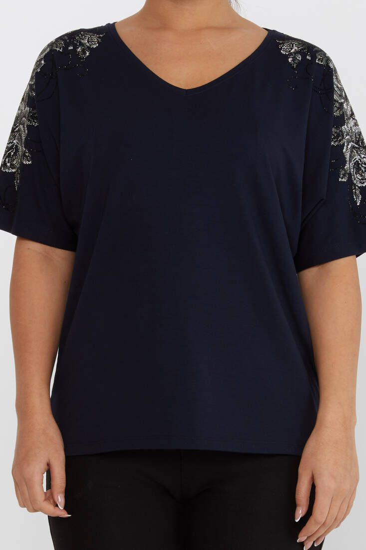 Women's Blouse Flower Stone Detail Short Sleeve Navy Blue - 80101 | KAZEE