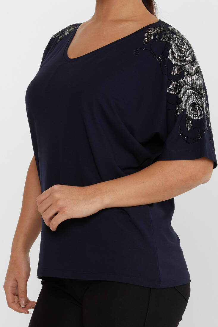 Women's Blouse Flower Stone Detail Short Sleeve Navy Blue - 80101 | KAZEE