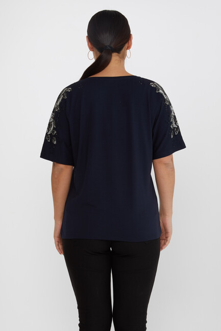 Women's Blouse Flower Stone Detail Short Sleeve Navy Blue - 80101 | KAZEE - Thumbnail