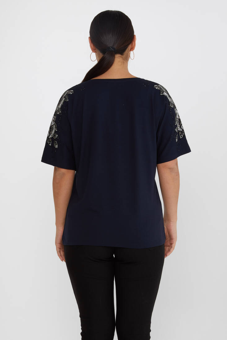 Women's Blouse Flower Stone Detail Short Sleeve Navy Blue - 80101 | KAZEE