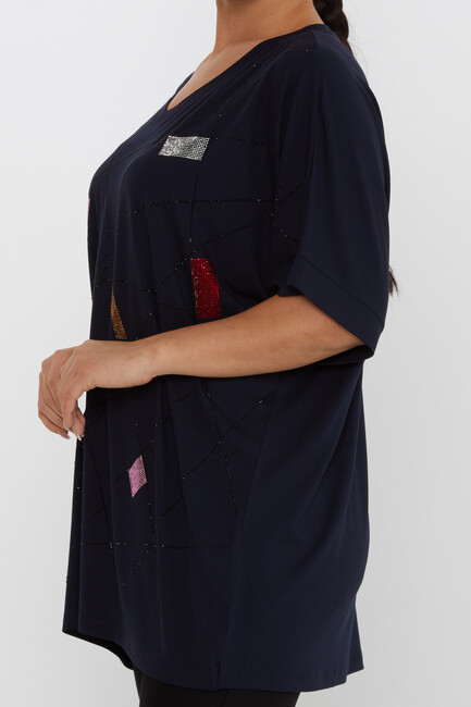 Women's Blouse Stone Detailed V-Neck Navy Blue - 80110 | KAZEE - Thumbnail