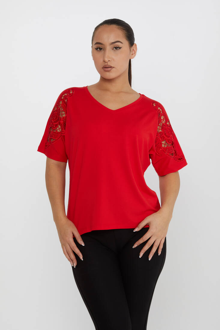 Women's Blouse V-Neck Stone Embroidered Red - 79092 | KAZEE