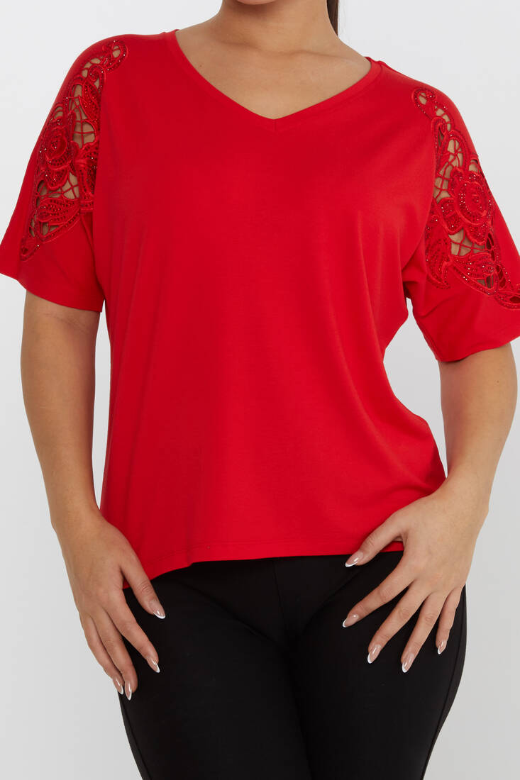 Women's Blouse V-Neck Stone Embroidered Red - 79092 | KAZEE