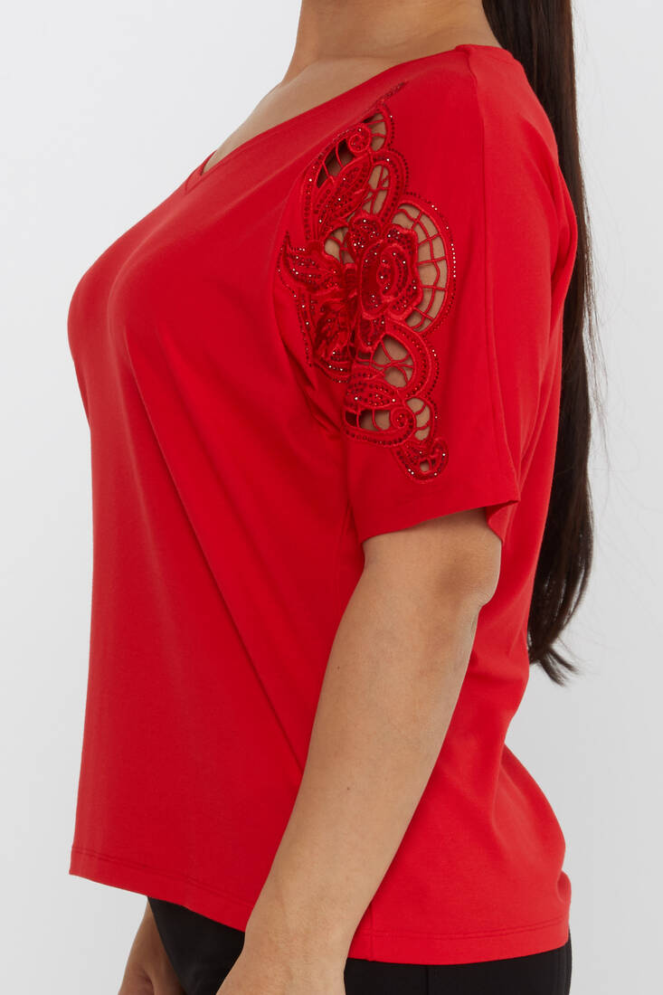 Women's Blouse V-Neck Stone Embroidered Red - 79092 | KAZEE