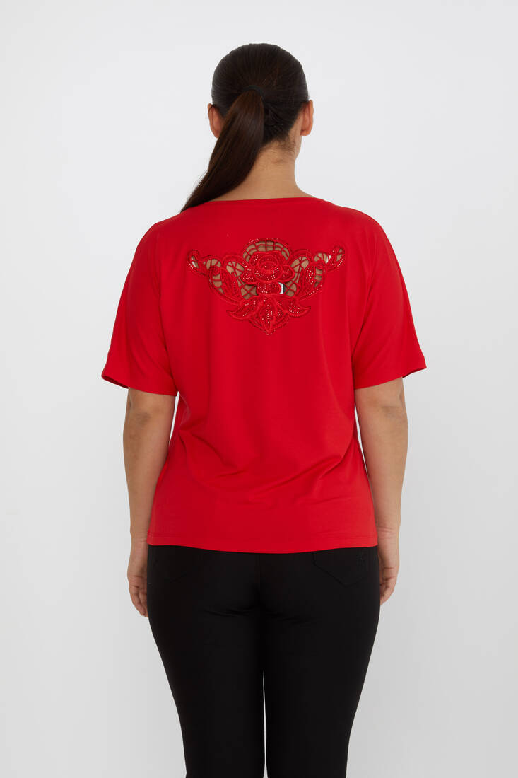 Women's Blouse V-Neck Stone Embroidered Red - 79092 | KAZEE