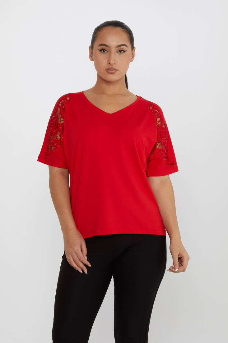 Women's Blouse V-Neck Stone Embroidered Red - 79092 | KAZEE