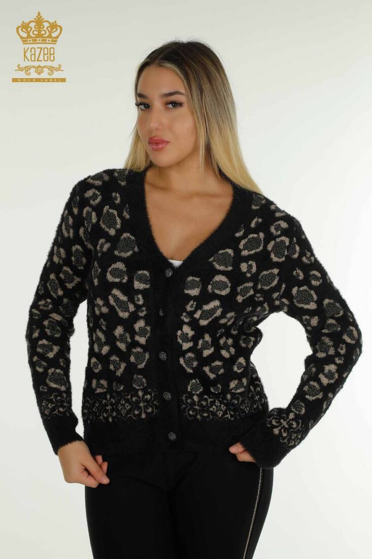 Women's Knitted Cardigan Leopard Pattern Black - 30666 | KAZEE