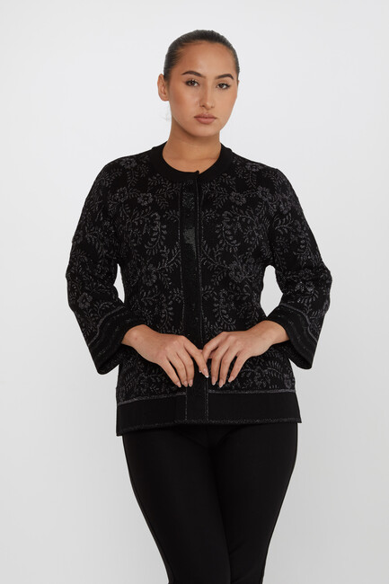 Women's Knitted Cardigan Stone Detailed Black - 31150 | KAZEE - Thumbnail