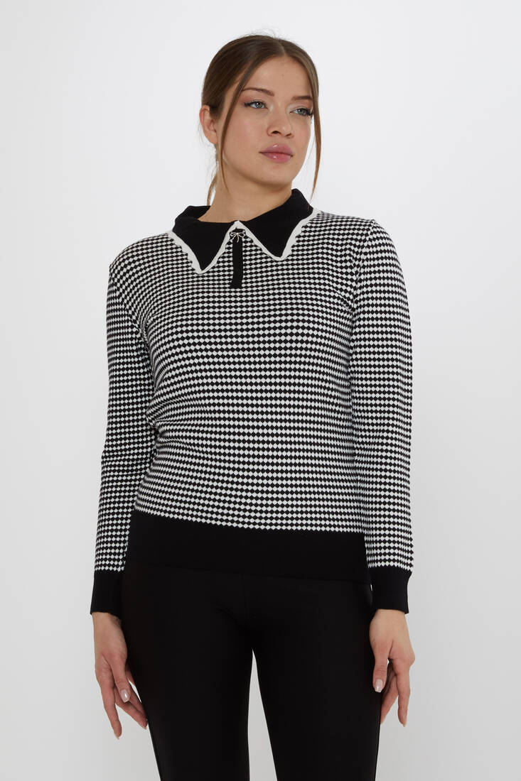 Women's Knitwear Accessory Detailed Black-Ecru - 31339 | KAZEE