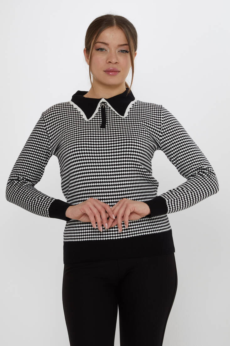 Women's Knitwear Accessory Detailed Black-Ecru - 31339 | KAZEE