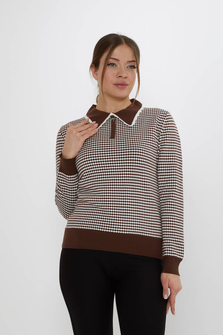 Women's Knitwear Accessory Detailed Coffee-Ecru - 31339 | KAZEE