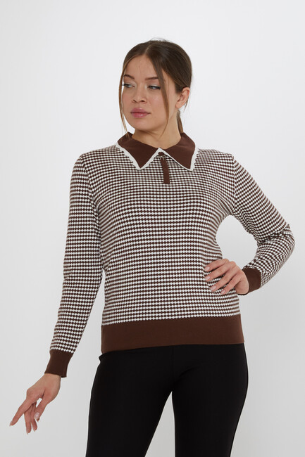 Women's Knitwear Accessory Detailed Coffee-Ecru - 31339 | KAZEE - Thumbnail