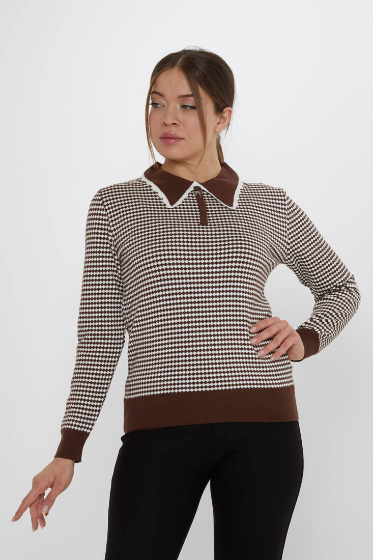 Women's Knitwear Accessory Detailed Coffee-Ecru - 31339 | KAZEE