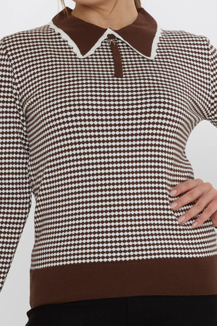 Women's Knitwear Accessory Detailed Coffee-Ecru - 31339 | KAZEE