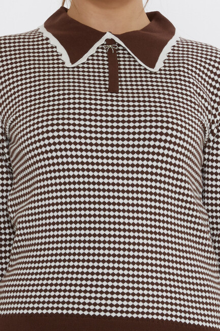 Women's Knitwear Accessory Detailed Coffee-Ecru - 31339 | KAZEE - Thumbnail