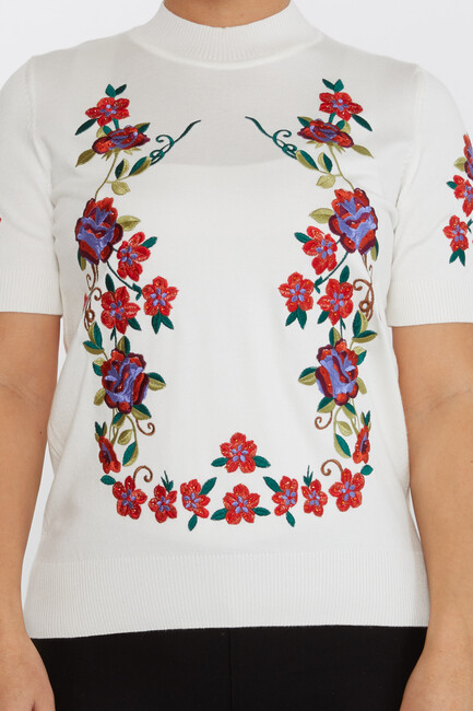 Women's Knitwear American Model Floral Pattern Ecru - 15876 | KAZEE - Thumbnail