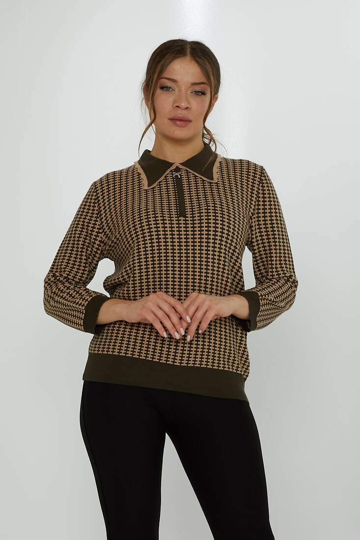 Women's Knitwear Brooch Detail Apron Collar Khaki-Mink - 31570 | KAZEE
