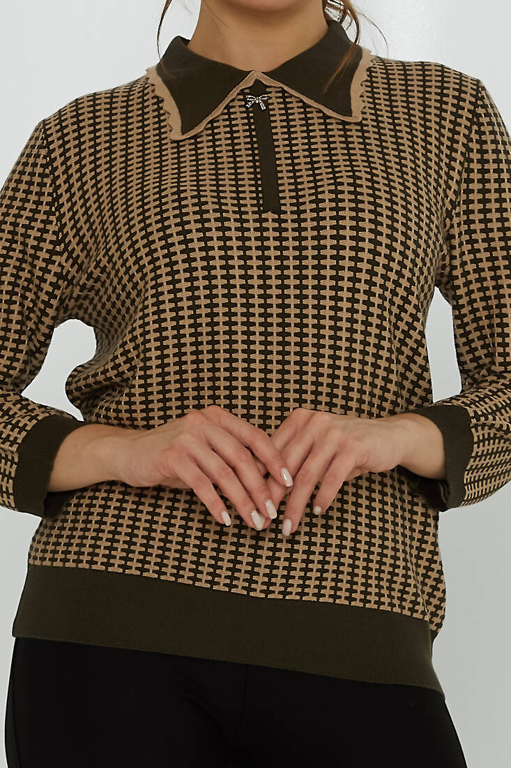 Women's Knitwear Brooch Detail Apron Collar Khaki-Mink - 31570 | KAZEE