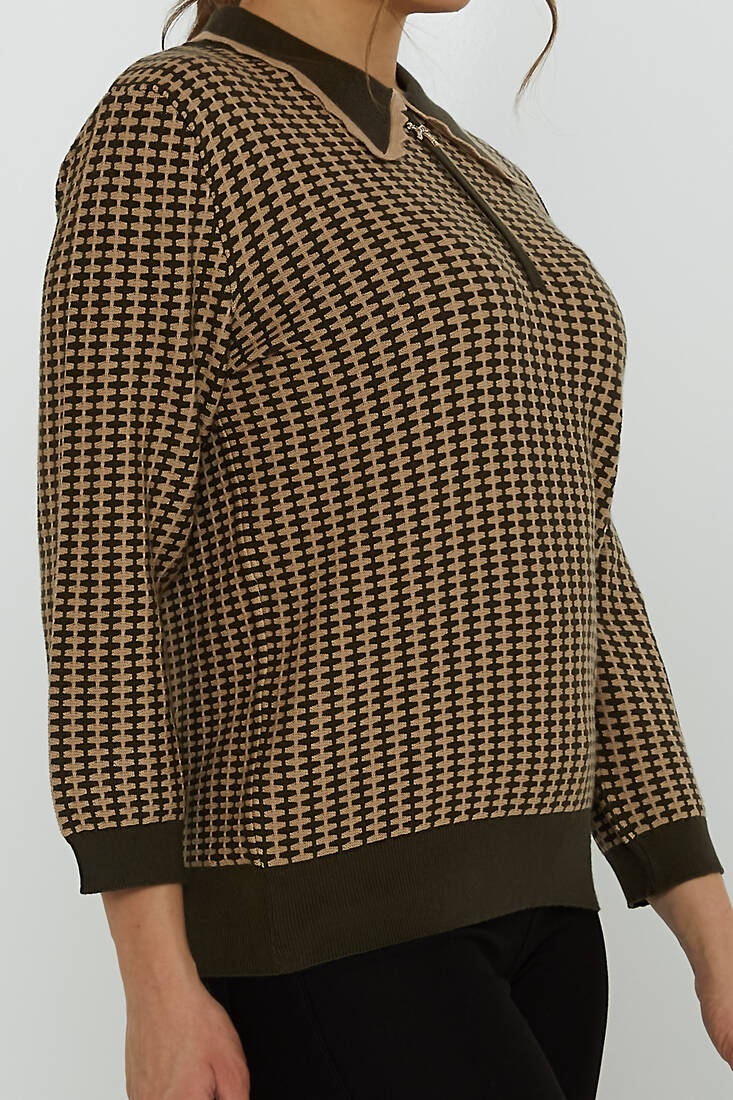 Women's Knitwear Brooch Detail Apron Collar Khaki-Mink - 31570 | KAZEE