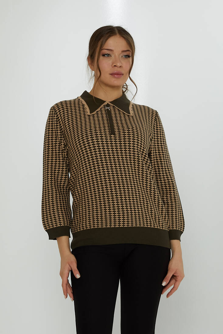 Women's Knitwear Brooch Detail Apron Collar Khaki-Mink - 31570 | KAZEE