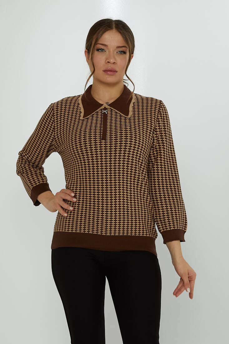 Women's Knitwear Brooch Detail Apron Collar Brown-Mink - 31570 | KAZEE