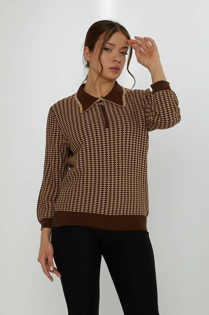 Women's Knitwear Brooch Detail Apron Collar Brown-Mink - 31570 | KAZEE