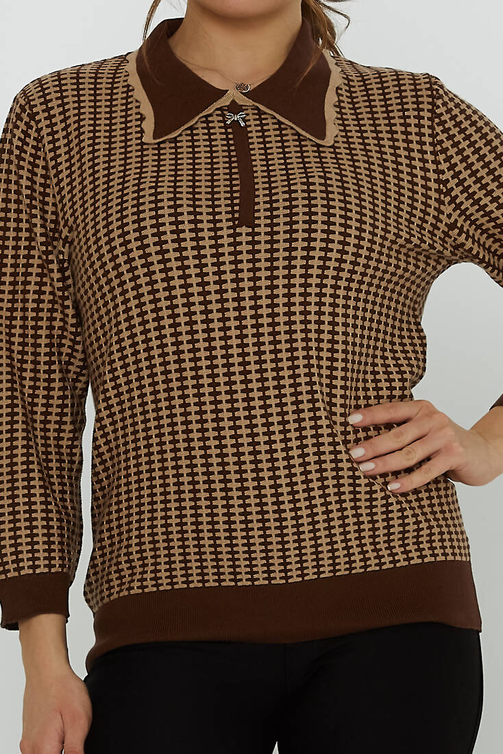 Women's Knitwear Brooch Detail Apron Collar Brown-Mink - 31570 | KAZEE